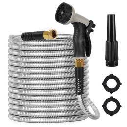 Metal Garden Hose, 100ft Stainless Steel Flexible Water Hose With 10 Adjustable Patterns Spray Nozzle, Heavy Duty Water Pipe , Kink Free , 2 Nozz (Option: Photo Color-100FT)